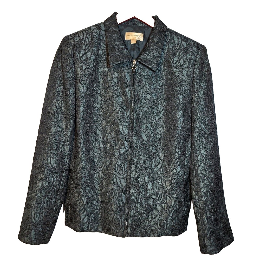Trousers Etc NY Zip Front Textured Black Blue Sheen Blazer Slit Pockets Size 8‎